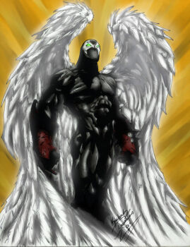 Rule 34 | 1boy, glowing, glowing eyes, green eyes, image comics, image sample, male focus, solo, spawn (comic), spawn (spawn), spikes, standing, superhero costume, wings