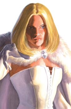 1girl absurdres alex_ross blonde_hair blue_eyes bodice cape comic_cover cover cover_page elbow_gloves emma_frost fur-trimmed_cape fur_trim gloves highres looking_at_viewer marvel official_art parted_hair reaching reaching_towards_viewer realistic solo upper_body western_comics_(style) white_background white_bodice white_cape white_gloves x-men