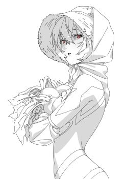 1girl ayanami_rei breasts crossed_bangs food hair_between_eyes hat headscarf highres holding holding_food holding_vegetable hood hood_up kena131 mecha_pilot_suit medium_breasts neon_genesis_evangelion parted_lips plugsuit_(evangelion) red_eyes short_hair solo spot_color straw_hat sun_hat upper_body vegetable white_background