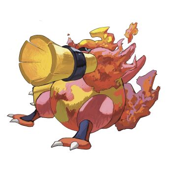 aiming arm_cannon claws colored_skin commentary_request fire full_body gen_4_pokemon highres long_hair looking_afar magmortar multicolored_skin nintendo no_humans ookiitora128706 pokemon pokemon_(creature) pokemon_focus red_hair red_skin simple_background solo tail weapon yellow_skin