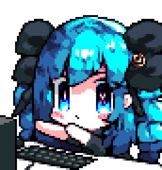 1girl animated animated_gif black_bow blue_eyes blue_hair blush bow closed_mouth computer_keyboard downvote_(downvote_me) hair_bow long_hair original pixel_art simple_background solo white_background