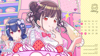 Rule 34 | 2girls, absurdres, blue hair, bow, bowtie, brown hair, cake, calendar (medium), commentary request, double bun, food, hair bow, hair bun, hair ornament, hairclip, highres, idolmaster, idolmaster shiny colors, licking lips, looking at viewer, medium hair, morino rinze, multiple girls, official art, pink nails, pink shirt, puffy short sleeves, puffy sleeves, red bow, red bowtie, red eyes, shirt, short hair, short sleeves, sonoda chiyoko, strawberry cake, tongue, tongue out, upper body, x hair ornament