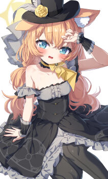 Rule 34 | 1girl, absurdres, animal ear fluff, animal ears, black dress, black overskirt, blue archive, blue eyes, breasts, cat ears, choker, commentary request, dress, flower, fluffy hair, frilled choker, frills, grey dress, grey feathers, halo, hat, highres, idol clothes, long hair, looking at viewer, low twintails, mari (blue archive), mari (idol) (blue archive), masaki (msk064), mini hat, mini top hat, official alternate costume, official alternate hairstyle, orange hair, rose, small breasts, top hat, twintails, very long hair, wrist wrap, yellow flower, yellow halo, yellow rose
