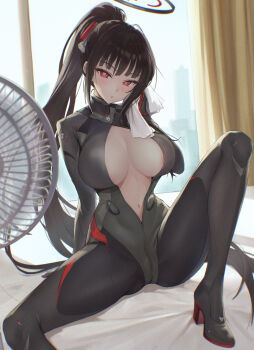 1girl absurdres ass black_hair blue_archive blush bodysuit breasts chinese_commentary commentary_request electric_fan halo high_heels highres large_breasts long_hair navel parted_lips ponytail red_eyes rio_(armed)_(blue_archive) rio_(blue_archive) sitting solo spread_legs towel yuye
