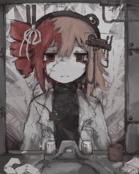 1girl adachi_rei black_shirt blood bloody_tears cable closed_mouth commentary drill_hair english_commentary faucet fusion heterochromia highres jacket kasane_teto looking_at_viewer medium_hair meowbzzy mirror multicolored_hair open_clothes open_jacket orange_eyes orange_hair red_eyes red_hair reflection reflection_focus shirt side_drill solo stitches two-tone_hair utau white_jacket