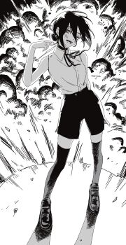 Rule 34 | 1girl, arm up, blush, chainsaw man, explosion, full body, grenade pin, hair bun, highres, ice morinaka, looking at viewer, monochrome, open mouth, reze (chainsaw man), ribbon, shirt, shoes, short hair, shorts, single hair bun, sleeveless, sleeveless shirt, smile, socks, standing