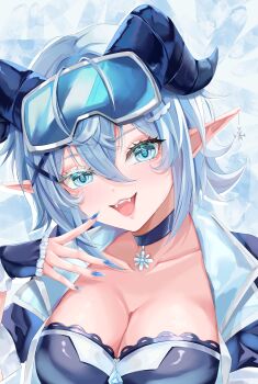 1girl absurdres black_choker black_gloves black_nails blue_background blue_bra blue_eyes blue_hair blue_jacket bra breasts choker cleavage collarbone commentary double-parted_bangs english_commentary fangs fingerless_gloves fingernails gloves goggles goggles_on_head hair_between_eyes hair_ornament hand_up highres horns indie_virtual_youtuber jacket large_breasts looking_at_viewer lordvey nail_polish open_clothes open_jacket open_mouth pointy_ears second-party_source short_hair smile solo thecookie_(vtuber) underwear upper_body virtual_youtuber x_hair_ornament
