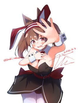 Rule 34 | 1girl, @ @, absurdres, adapted costume, alternate breast size (larger), angelina (arknights), animal ear hairband, animal ears, arknights, bare shoulders, between breasts, black bodysuit, black dress, blush stickers, bodysuit, breasts, brown hair, cleavage, collar, dated, detached collar, dress, fake animal ears, foreshortening, fox ears, fox girl, hairband, highres, large breasts, long hair, looking at viewer, material growth, necktie, necktie between breasts, nontraditional playboy bunny, oripathy lesion (arknights), ouba itsuki, outstretched hand, pantyhose, playboy bunny, rabbit ear hairband, rabbit ears, red eyes, red hairband, red necktie, short dress, simple background, solo, strapless, strapless dress, striped clothes, striped hairband, sweat, twintails, twitter username, two-tone hairband, white background, white collar, white pantyhose, white wrist cuffs, wrist cuffs