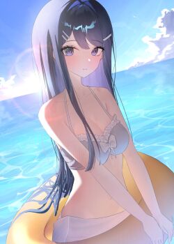 1girl backlighting bikini black_hair blue_sky bodysuit bow bow_bikini breasts cleavage cloud colored_inner_hair commentary cowboy_shot danganronpa:_trigger_happy_havoc danganronpa_(series) day dodong-i frilled_bikini frills grey_bodysuit hair_intakes hair_ornament hairclip highres horizon innertube large_breasts long_hair looking_at_viewer maizono_sayaka multicolored_hair navel ocean outdoors parallel_hairclips parted_bangs purple_eyes simple_bird sky solo standing stomach straight_hair swim_ring swimsuit very_long_hair white_bow