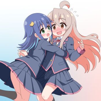 2girls :d ahoge aqua_hair bare_legs black_jacket black_skirt blue_background blue_hair blush brown_eyes colored_inner_hair commentary flying_sweatdrops gradient_background green_eyes grey_socks hair_between_eyes hair_ornament hairclip highres hug jacket kneehighs long_hair long_sleeves multicolored_hair multiple_girls neck_corset neck_ribbon nose_blush onii-chan_wa_oshimai! open_mouth oyama_mahiro pink_background pink_hair pleated_skirt red_ribbon ribbon sakuzo school_uniform shirt simple_background skirt smile socks tenkawa_nayuta two-tone_hair wavy_mouth white_shirt yotsuba_university_affiliated_junior_high_school_uniform yuri