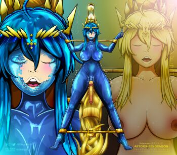 artoria_(artorius229380) artoria_pendragon_(fate) artoria_pendragon_(lancer)_(fate) bdsm bdsm_gear blonde_eyebrows blonde_hair bondage bondage_furniture bondage_gear bondage_outfit bound breasts crown encasement fate/grand_order fate/stay_night fate_(series) female_focus fetish_studio gold gold_hair green_eyes highres large_breasts latex latex_suit parody rhongomyniad_(fate) rubber rubber_suit