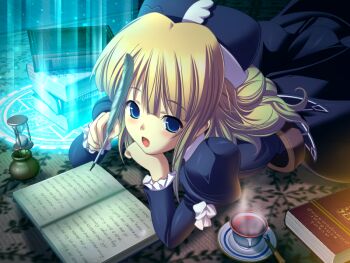Rule 34 | 1girl, blonde hair, blue dress, blue eyes, book, dress, dungeon crusaderz (series), dungeon crusaderz 2, game cg, glycine lufthauser, hat, holding, holding quill, hourglass, inkwell, long hair, looking at viewer, lying, m&amp;m (mickey and mackey), magic circle, mitre, on stomach, open book, open mouth, quill, writing