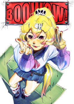 1girl absurdres animal_ears black_shoes blue_skirt boowow chain_belt commission dog_ears dog_girl dog_tail fish_skeleton_hair_ornament from_above gradient_hair hair_between_eyes hair_ornament hands_up highres indie_virtual_youtuber long_hair long_sleeves looking_at_viewer multicolored_hair nail_polish pink_hair ponytail red_eyes red_nails red_ribbon ribbon shirt shoes sitting skeb_commission skirt skull_hair_ornament smile socks solo storyteller777 tail tongue tongue_out v virtual_youtuber w white_background white_shirt white_socks