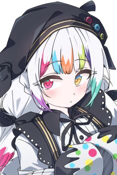 1girl beret black_ribbon commentary_request fugu43 hat heterochromia highres jogasaki_noah long_hair long_sleeves looking_at_viewer mahou_shoujo_no_majo_saiban multi-tied_hair multicolored_hair neck_ribbon pink_eyes ribbon shirt sleeves_past_fingers sleeves_past_wrists solo streaked_hair upper_body white_background white_hair white_shirt yellow_eyes