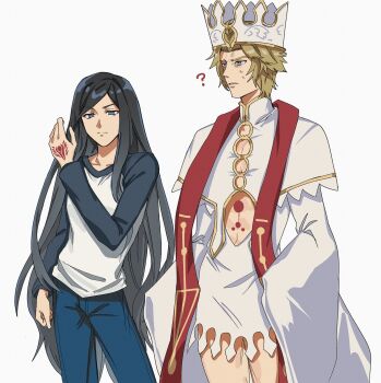 1boy 1girl ? adoptive_siblings albus_(castlevania) black_hair blonde_hair blue_eyes blue_pants brother_and_sister capelet castlevania:_order_of_ecclesia castlevania_(series) clothing_cutout command_spell commentary_request cosplay crossdressing crossdressing_(mtf) crown denim dress dress_of_heaven emiya_shirou emiya_shirou_(cosplay) fate/stay_night fate_(series) frown heaven&#039;s_feel highres illyasviel_von_einzbern illyasviel_von_einzbern_(dress_of_heaven) illyasviel_von_einzbern_(dress_of_heaven)_(cosplay) jeans keiseki1 long_hair pants raglan_sleeves red_sash sash shanoa_(castlevania) short_dress siblings sleeves_past_fingers sleeves_past_wrists stomach_cutout stomach_tattoo sweat tattoo very_long_hair white_capelet white_dress wide_sleeves