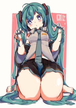 1girl aqua_hair aqua_necktie bare_shoulders barefoot black_skirt blue_eyes blush_stickers character_name commentary detached_sleeves diamond-shaped_pupils diamond_(shape) feet full_body grey_shirt hands_in_own_hair hatsune_miku long_hair looking_at_viewer miniskirt necktie pleated_skirt seiza shirt sitting skirt sleeveless sleeveless_shirt solo symbol-shaped_pupils thighs toes twintails very_long_hair vocaloid vorusan_(volver39)