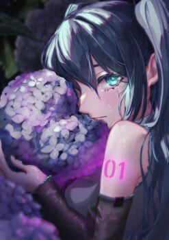 Rule 34 | 1girl, absurdres, aqua eyes, black sleeves, blue eyes, blush, closed mouth, commentary request, crying, crying with eyes open, detached sleeves, dew drop, flower, glowing, glowing tattoo, grey hair, grey shirt, hair between eyes, hatsune miku, highres, holding, holding flower, hydrangea, long hair, looking at viewer, murase (muraselelait), number tattoo, outdoors, purple flower, see-through clothes, see-through sleeves, shirt, shoulder tattoo, sideways glance, solo, tattoo, tears, twintails, vocaloid, water drop, wet, wet hair