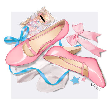 1girl artist_name bar_censor blonde_hair blue_bow blue_ribbon bow censored censored_identity dress high_heels highres long_hair no_humans pantyhose photo_(object) pink_bow pink_dress pink_footwear pink_ribbon ribbon shoes signature simple_background star_(symbol) still_life virtual_youtuber white_pantyhose xnnagu