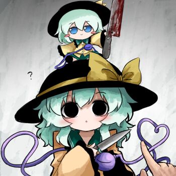 Rule 34 | 1girl, 1other, ?, black eyes, black hat, blood, bloody knife, blue eyes, character doll, doll, eyeball, frilled shirt collar, frilled sleeves, frills, fumo (doll), green hair, green skirt, hat, hat ribbon, heart, heart of string, heripantomorrow, holding, holding knife, knife, komeiji koishi, pointing, ribbon, shirt, skirt, third eye, touhou, yellow ribbon, yellow shirt
