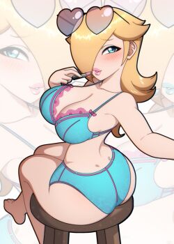 1girl barefoot blonde_hair blue_bra blue_eyes blue_panties blush bra breasts commentary cosmetics dimples_of_venus english_commentary eyewear_on_head from_behind hair_over_one_eye heart heart-shaped_eyewear holding holding_lipstick_tube kdtwifi large_breasts lipstick lipstick_tube long_hair looking_at_viewer looking_back makeup mario_(series) nintendo on_stool panties parted_lips puckered_lips rosalina solo stool twisted_torso underwear zoom_layer