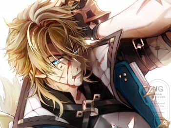 1boy aqua_eyes arm_belt arm_up belt belt_buckle black_belt black_gloves black_shirt blonde_hair blood blood_from_mouth blood_on_face buckle collared_jacket collared_shirt dutch_angle facial_scar genshin_impact gloves hashtag-only_commentary highres injury jacket looking_to_the_side male_focus open_clothes open_jacket parted_hair scar scar_on_arm scar_on_cheek scar_on_face shirt sideways_glance sinnmaru_tatata solo varka_(genshin_impact) watermark