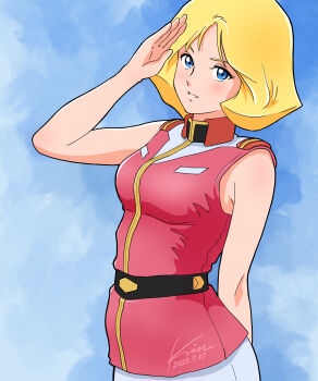 1girl absurdres arm_behind_back armpit_crease bare_arms belt black_belt blonde_hair blue_eyes breasts commentary gundam high_collar highres jacket kobakin looking_at_viewer medium_breasts mobile_suit_gundam pants parted_lips pink_jacket salute sayla_mass short_hair sleeveless sleeveless_jacket smile solo upper_body white_pants