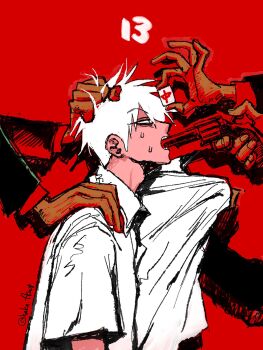 Rule 34 | 4boys, adam's apple, aged down, akagi: yami ni oritatta tensai, akagi shigeru, black eyes, clothes grab, collared shirt, expressionless, from side, fukumoto mahjong, grabbing another's hair, grabbing another's shirt, gun, gun in mouth, haka fkmt, hand on another's shoulder, highres, holding, holding another's hair, holding gun, holding mahjong tile, holding weapon, looking ahead, mahjong, mahjong tile, male focus, multiple boys, open mouth, panicking, red background, shirt, short hair, short sleeves, simple background, solo focus, sweat, twitter username, upper body, weapon, white hair, white shirt