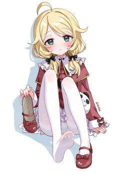 1girl blonde_hair blue_eyes blush eluthel feet holding holding_shoes holding_unworn_clothes idolmaster idolmaster_cinderella_girls long_hair looking_at_viewer mary_janes pantyhose parted_lips shoes soles toes unworn_shoes white_pantyhose yusa_kozue