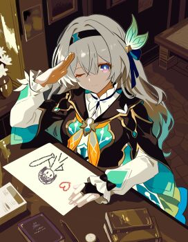 1girl aqua_dress black_gloves black_jacket black_ribbon book bridal_gauntlets chinrinsonata closed_mouth collar collared_dress desk dress firefly_(honkai:_star_rail) gloves gradient_hair green_pupils grey_hair hair_between_eyes hair_intakes hair_ornament hair_ribbon highres honkai:_star_rail honkai_(series) jacket long_hair long_sleeves multicolored_eyes multicolored_hair neckerchief one_eye_closed orange_neckerchief ribbon salute single_bridal_gauntlet sleeve_bow smile solo white_collar white_sleeves