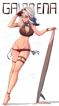 1girl ankle_strap arm_strap bare_shoulders barefoot bikini black_choker blue_hair bracelet breasts choker cleavage closed_mouth floating_hair fluffy_hair galbrena_(wuthering_waves) gloves groin hand_up hashtag-only_commentary highres holding holding_surfboard jewelry large_breasts medium_hair mole mole_on_neck multicolored_hair narrow_waist navel o-ring o-ring_thigh_strap one_eye_closed purple_eyes ring sand sheep_4art single_glove solo sports_bra standing sunlight surfboard swimsuit thigh_strap tiptoes two-tone_hair undone_bikini water_drop white_background white_hair wuthering_waves zipper_bikini