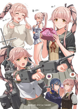 Rule 34 | 2girls, adapted turret, aqua skirt, bikini, bikini skirt, black ribbon, black vest, blue hair, box, breasts, cannon, collared shirt, commentary request, confrontation, dress shirt, gotland (kancolle), grey sailor collar, grey skirt, hair flaps, heart-shaped box, jacket, kantai collection, long hair, medium breasts, military uniform, multiple girls, neck ribbon, official alternate costume, pink hair, pleated skirt, ponytail, red ribbon, ribbon, rigging, sailor collar, school uniform, serafuku, ship turret, shirt, short sleeves, skirt, sweater, swimsuit, tantaka, translation request, very long hair, vest, white bikini, white jacket, white shirt, white sweater, wrapped bento, yura (kancolle), yura (kyoto tango railway swimsuit) (kancolle), yura (maizuru) (kancolle), yura kai ni (kancolle)