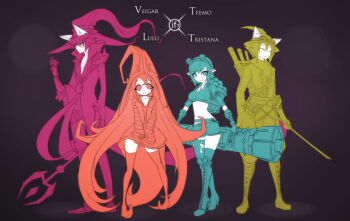 2boys 2girls alternate_form animal_ears beancurd boots dress gauntlets gloves goggles goggles_on_head gun hat image_sample lace-up_boots league_of_legends long_hair lulu_(league_of_legends) multiple_boys multiple_girls multiple_monochrome pointy_ears short_hair shorts staff teemo thighhighs torn_clothes torn_legwear tristana_(league_of_legends) veigar weapon yordle