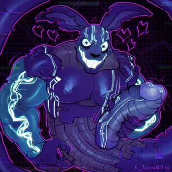 1boy absurdres bara claws crazy_eyes crazy_smile electricity five_nights_at_freddy's five_nights_at_freddy's:_security_breach glow glowing glowing_eyes hand_on_penis heart highres insane k_jukesnsfw kidde_jukes large_penis looking_at_viewer male_focus muscular muscular_male mxes_(fnaf) mxes_(ruin) penis penis_grab rabbit rabbit_ears security_breach:_ruin smile solo solo_focus the_entity_(fnaf) wires