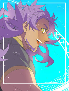 1boy black_shirt commentary_request dark-skinned_male dark_skin eyelashes facial_hair floating_hair from_side highres inset_border jamira24 leon_(pokemon) looking_at_viewer male_focus nintendo open_mouth pokemon pokemon_swsh purple_hair shirt short_sleeves smile solo teeth tongue upper_body upper_teeth_only yellow_eyes