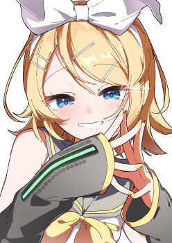 1girl ankaketomato aqua_eyes bare_shoulders black_sailor_collar blonde_hair blush bow bowtie commentary detached_sleeves fingernails hair_ornament hairband hairpin highres kagamine_rin looking_at_viewer multiple_hairpins own_hands_together sailor_collar school_uniform serafuku shirt simple_background smile solo steepled_fingers upper_body vocaloid white_background white_hairband white_shirt yellow_bow yellow_bowtie