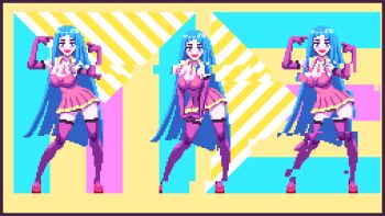 animated animated_gif ass_shake bikini blue_bikini blue_hair blush_stickers bouncing_breasts bouncing_hair bow bow_bikini breasts cleavage clone curvy dancing distortion dress elbow_gloves facing_viewer gloves large_breasts legs_apart long_hair looking_at_viewer me!me!me! meme_(me!me!me!) microdress multiple_girls navel panties pantyshot pixel_art purple_dress purple_gloves red_footwear red_lips standing straight_hair striped_bikini striped_clothes swimsuit thighhighs underwear v_arms very_long_hair wolfenoctis