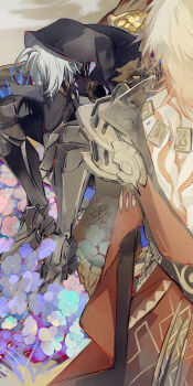 Rule 34 | 2boys, antenna hair, armor, armored boots, back tattoo, black cloak, black pants, blonde hair, boots, cape, chinese commentary, cloak, commentary request, gold necklace, gradient hair, highres, honkai: star rail, honkai (series), hood, hooded cloak, jewelry, male focus, mask, medium hair, mississipping, multicolored hair, multiple boys, mydei (honkai: star rail), necklace, pants, pauldrons, phainon (honkai: star rail), red cape, red hair, red tattoo, short hair, shoulder armor, side cape, single pauldron, tattoo, white hair