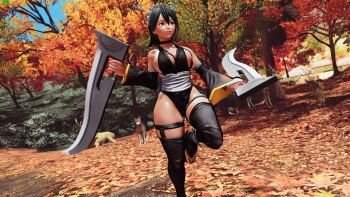 1girl 3d ass black_hair black_leotard blue_sky breasts butterfly_swords curvy forest highleg highleg_leotard highres holding holding_weapon huge_ass iroha_(samurai_spirits) large_breasts leg_lift leotard lips looking_to_the_side maid maid_headdress nature revealing_clothes ryona samurai_spirits screencap shiny_skin short_hair sky smile snk solo standing standing_on_one_leg third-party_edit thong_leotard tree weapon wide_hips