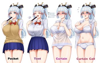 1girl absurdres alternate_breast_size artist_name ayaka_(genshin_impact) blunt_bangs blunt_tresses blush bra breasts brown_sweater_vest cleavage commentary commentary_request curtain_call_challenge_(meme) english_commentary flying_sweatdrops folding_fan genshin_impact hand_fan hiep_studio highres holding holding_fan large_breasts meme miniskirt navel open_clothes open_mouth open_shirt panties pleated_skirt school_uniform see-through_clothes see-through_shirt shirt skirt smile sweater_vest underwear white_bra white_panties