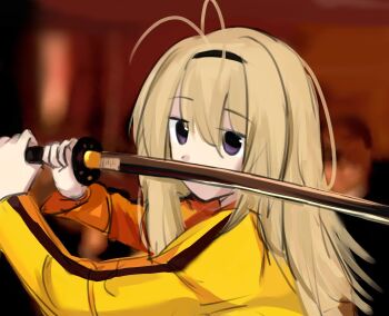 Rule 34 | 1girl, ahoge, beatrix kiddo, beatrix kiddo (cosplay), blonde hair, bodysuit, bruce lee's jumpsuit, chaos;head, cosplay, covered mouth, hair between eyes, hairband, highres, holding, holding sword, holding weapon, jumpsuit, katana, kill bill, long hair, looking at viewer, nishijou nanami, owo uwu nyan, purple eyes, science adventure, solo, sword, weapon, yellow bodysuit, yellow jumpsuit