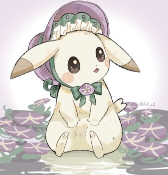 alternate_color alternate_form bonnet bow droopy_ears ears_down flower full_body gen_1_pokemon green_bow lvli_x2 nintendo no_humans open_mouth peakychu pikachu pokemon pokemon_(creature) pokemon_focus pokemon_pokopia purple_bonnet solo tail