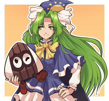 1girl blue_capelet bow breasts capelet commentary commission dress english_commentary green_eyes green_hair hand_on_own_hip hat highres holding ljholman long_hair long_sleeves looking_to_the_side mima_(touhou) procreate_(medium) ribbon shirt simple_background skirt smile solo sun touhou touhou_(pc-98) white_shirt witch_hat wizard_hat