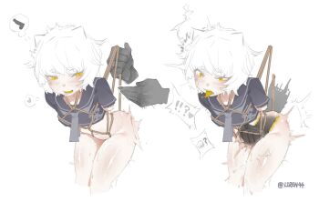 1girl anal anal_fisting animal_ears arms_behind_back bdsm blush bondage bottomless bound bound_arms bulge cat_ears colored_tongue female_focus fisting highres liren44 no_panties object_insertion open_mouth original rope sailor_collar sailor_shirt shibari shibari_over_clothes shirt short_hair simple_background spanked spanking stomach_bulge thighs tongue tongue_out white_background white_hair x-ray yellow_eyes yellow_tongue