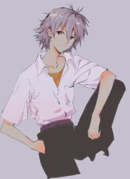 Rule 34 | 1boy, arm on knee, closed mouth, collared shirt, commentary request, cropped legs, grey background, grey hair, hair between eyes, knee up, male focus, nagisa kaworu, neon genesis evangelion, red eyes, shirt, shirt tucked in, short hair, simple background, sitting, solo, undershirt, unfinished, white shirt, yellow shirt, yorumi1117