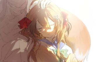 2girls ahoge annytf aqua_bow aqua_bowtie bloom blue_sailor_collar bow bowtie brown_hair cardigan closed_eyes closed_mouth commentary english_commentary fox_tail hair_between_eyes hair_bow hair_ornament hairclip hand_on_another&#039;s_head heart heart_hair_ornament highres indie_virtual_youtuber leaning_on_person liquain long_hair multiple_girls neuro-sama red_bow sailor_collar school_uniform serafuku shirt sleeping smile tail two_side_up vedal_ai virtual_youtuber white_background white_shirt yellow_cardigan