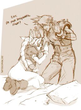 1boy 1girl aerith_gainsborough armor armored_gloves bandaged_arm bandages bangle belt boots bracelet braid braided_ponytail brown_background closed_eyes cloud_strife cropped_jacket diana_mercolini dress english_text final_fantasy final_fantasy_vii hair_between_eyes hair_ribbon highres jewelry kneeling light_blush long_dress long_hair on_bed parted_bangs parted_lips pauldrons pillow puffy_short_sleeves puffy_sleeves ribbon sepia shinra_hq short_hair short_sleeves shoulder_armor sidelocks single_braid single_pauldron sleeveless sleeveless_turtleneck smile spiked_hair suspenders turtleneck twitter_username