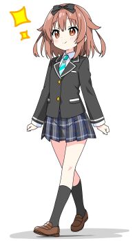 1girl aqua_necktie black_bow black_jacket black_socks blazer blue_skirt blush bow brown_eyes brown_hair brown_shoes buttons closed_mouth collared_shirt commentary_request dot_nose full_body hair_bow highres jacket kneehighs kotatsu-mazoku layered_sleeves loafers long_sleeves miniskirt necktie original plaid_clothes plaid_skirt pleated_skirt shirt shoes short_hair simple_background skirt smile socks solo sparkle standing striped_clothes striped_necktie tsumugi_(kotatsu-mazoku) white_background white_shirt