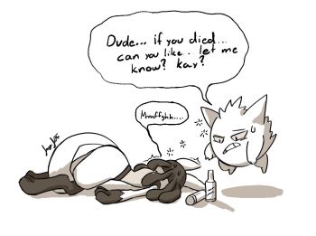 1boy animal_ears animal_feet animal_hands artist_name bottle drunk english_text facing_away floating furry furry_male gen_1_pokemon gen_4_pokemon gengar greyscale half-closed_eyes j.jama looking_at_another lucario lying male_focus monochrome nintendo on_stomach photo-referenced pokemon pokemon_(creature) raised_eyebrow signature simple_background sketch speech_bubble sweat tail talking teeth trembling white_background wolf_boy wolf_ears wolf_tail