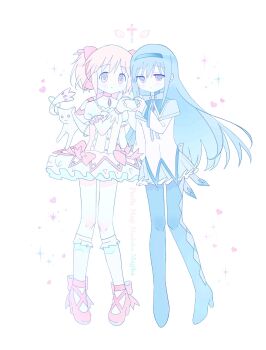 2girls akemi_homura argyle_clothes argyle_footwear black_boots black_hair black_hairband blush boots bow bow_choker bubble_skirt capelet choker copyright_name cross expressionless frilled_skirt frills gloves hair_bow hairband heart heart_hands heart_hands_duo high_heels highres kaname_madoka kyubey light_smile lolita_fashion long_hair mahou_shoujo_madoka_magica mahou_shoujo_madoka_magica_(anime) medium_hair multiple_girls pink_bow pink_eyes pink_hair pink_shoes pleated_skirt puffy_short_sleeves puffy_sleeves purple_bow purple_eyes shoes short_sleeves short_twintails skirt socks soul_gem sparkle twintails white_background white_gloves white_skirt white_socks wings x_x_dame