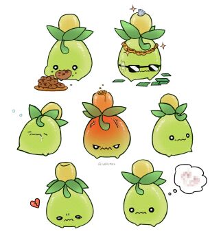 angry banknote broken_heart censored closed_eyes closed_mouth cookie diamond_(gemstone) eating food food_in_mouth food_on_face heart highres money multiple_views nintendo no_humans pokemon pokemon_(creature) rekcmas saliva seven_deadly_sins simple_background smoliv sparkle speech_bubble sunglasses thought_bubble twitter_username veins wavy_mouth white_background